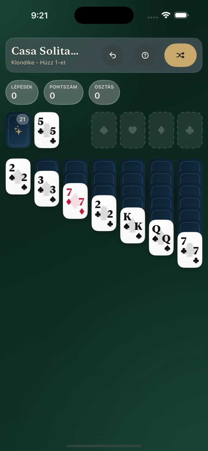 Egy lapot húzó Klondike-játék a Casa Solitaire-ben iPhone-on