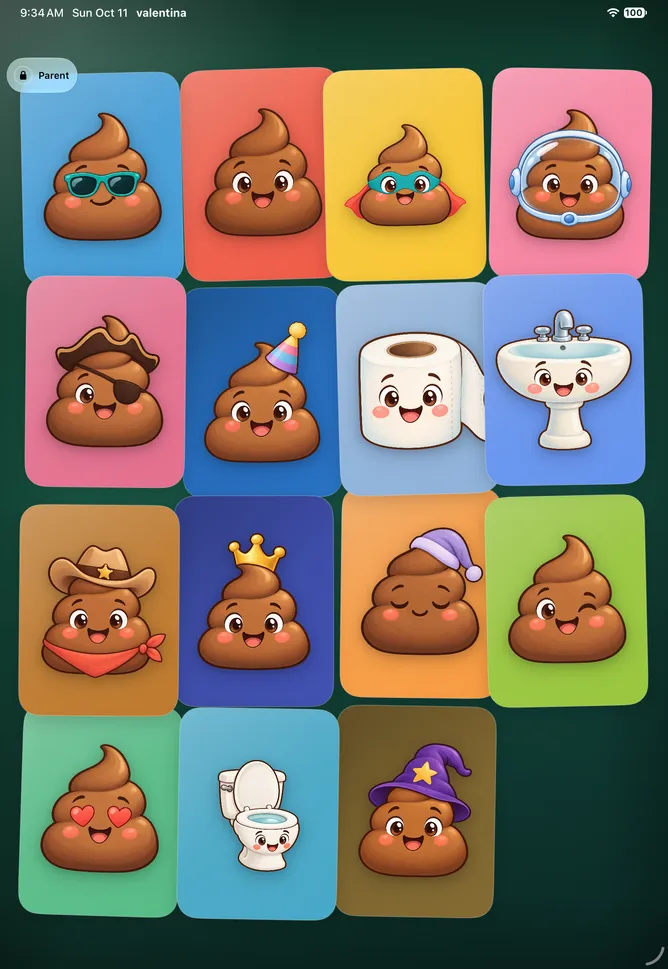 Little Shuffle’s Silly Poops deck on iPad: fifteen illustrated cards, including a superhero, toilet, toilet-paper roll, and sink, on a green tabletop