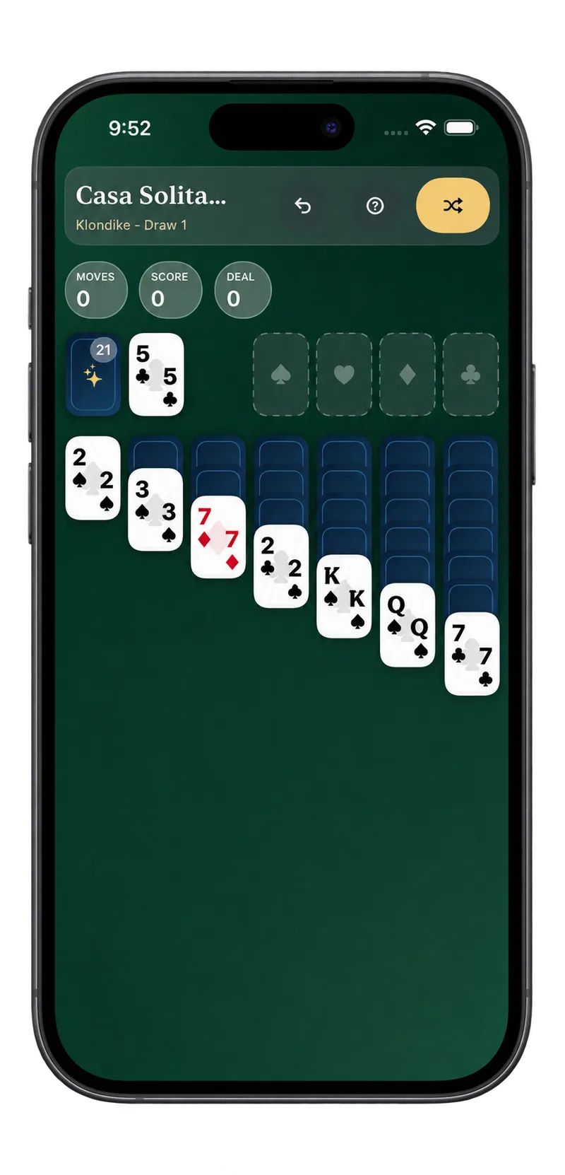 A game of Klondike Draw 1 in Casa Solitaire on iPhone