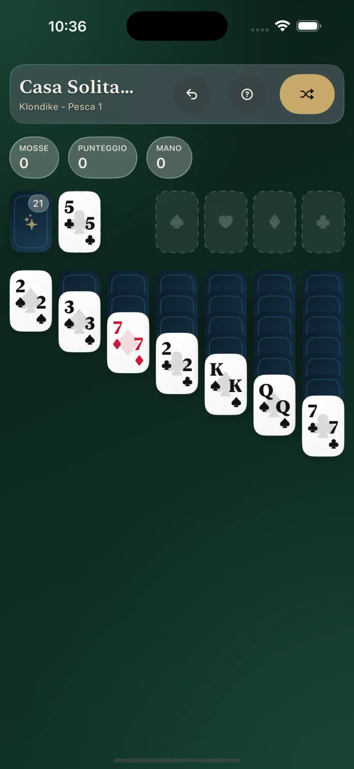 Una partita di Klondike con una carta alla volta in Casa Solitaire su iPhone
