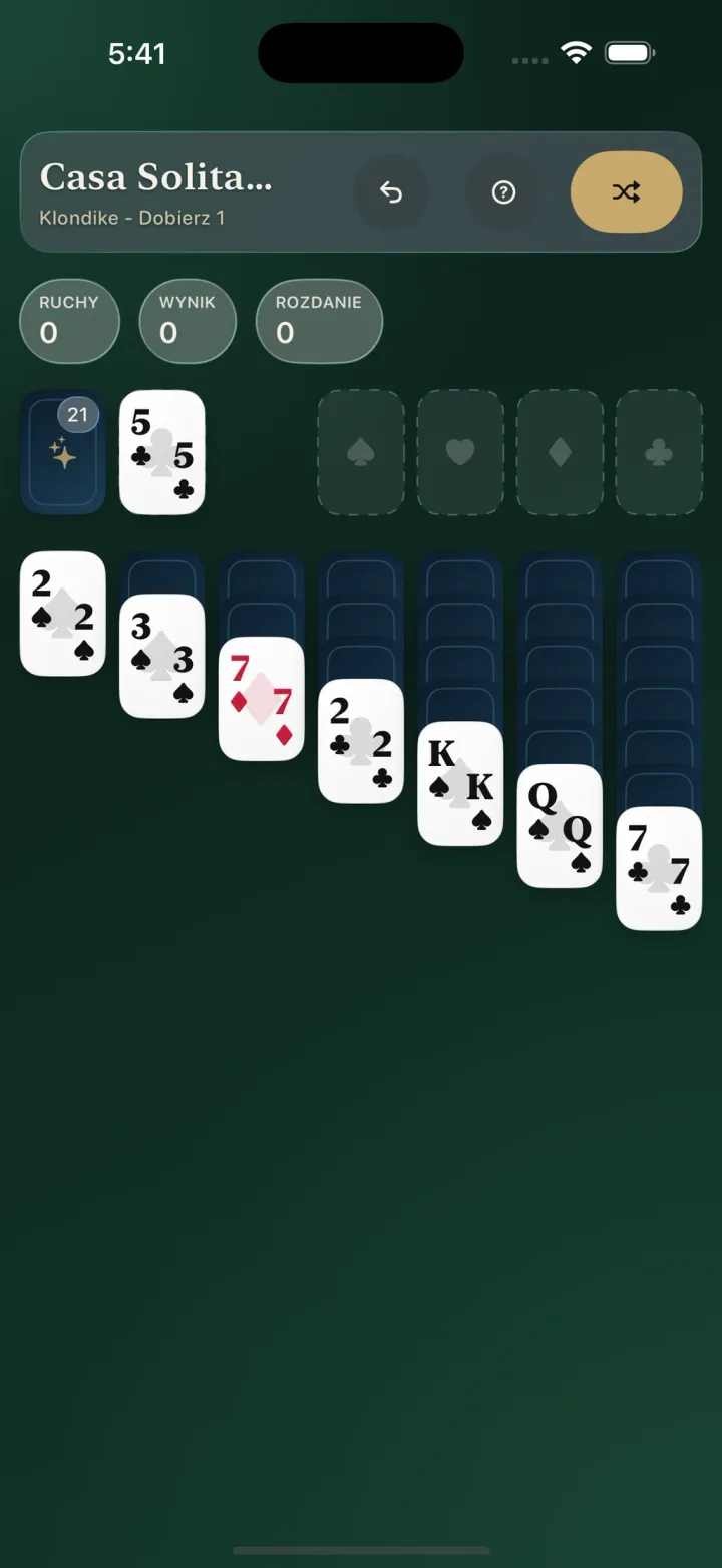 Partia Klondike z dobieraniem jednej karty w Casa Solitaire na iPhonie