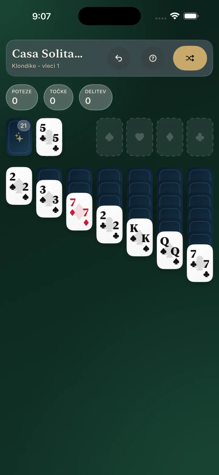 Igra Klondike z vlečenjem ene karte v Casa Solitaire na iPhonu